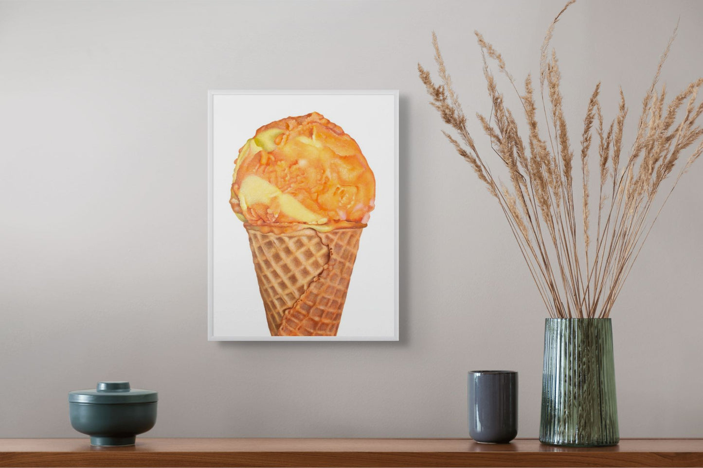 Framed 16 inch by 12 inch art print of Orange and Yelllow Sherbet by Kim Testone on a wall.