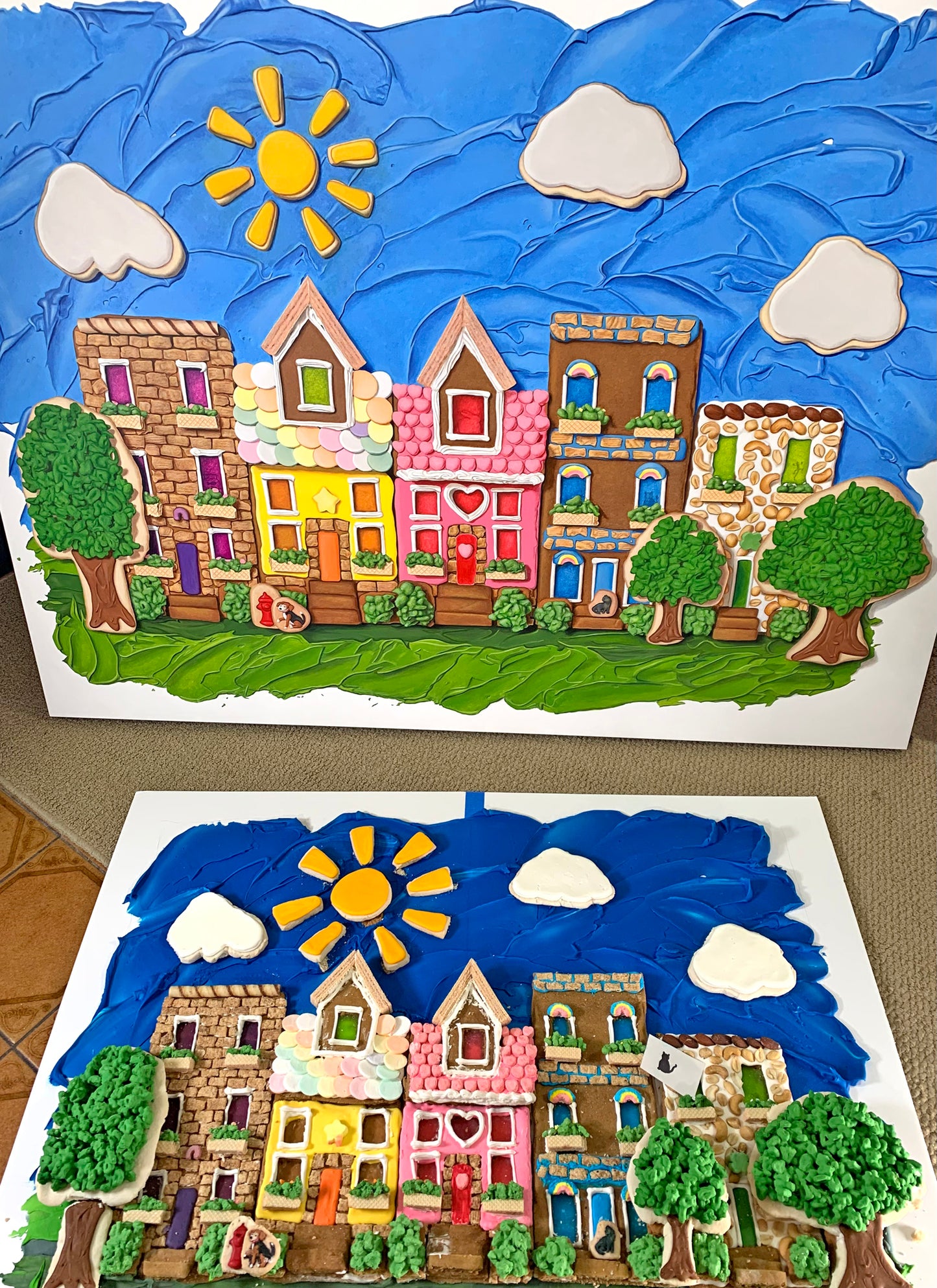 Beautiful Day in the Gingerbread Neighborhood (Original Acrylic Trompe L'Oeil Painting by Kim Testone)