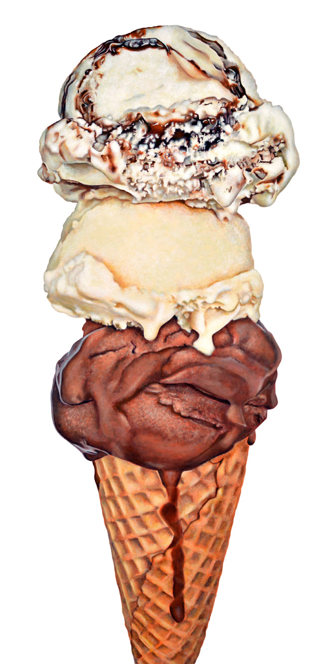 Chocolate Vanilla Fudge Ripple Triple Scoop Ice Cream Cone Art Print | Limited Edition of 50