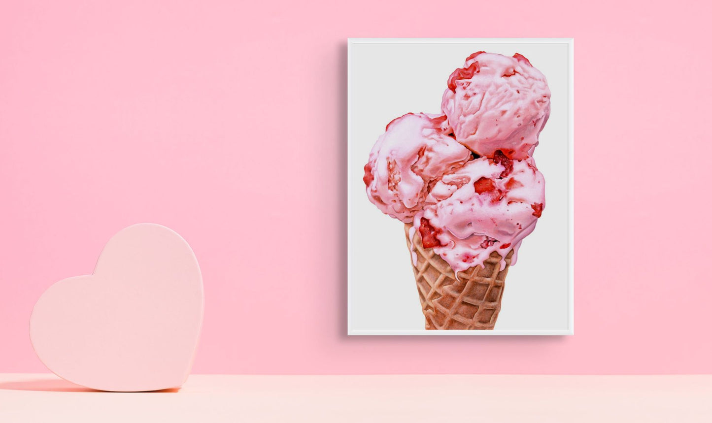 Strawberry Scoops Ice Cream Cone Art Print | Limited Edition of 50
