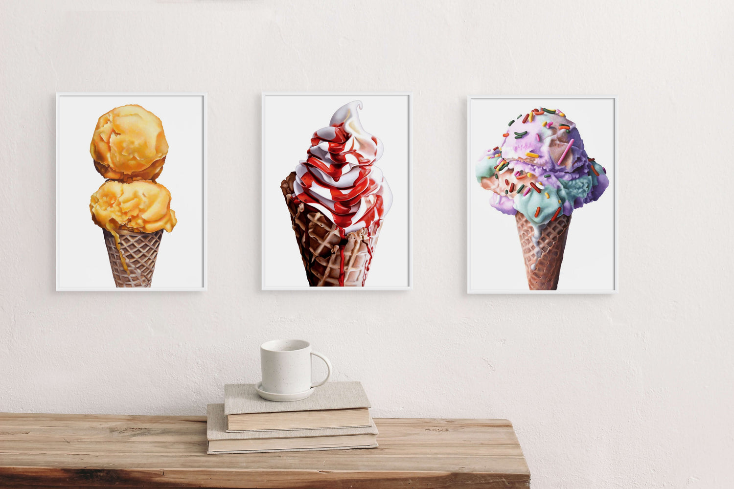 Trio of Colorful Ice Cream Cone Prints by Kim Testone