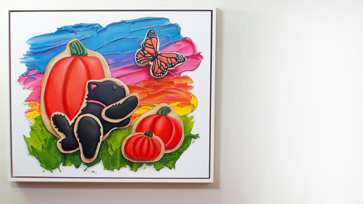 Whimsical painting of a black cat and pumpkins against a colorful abstract background.