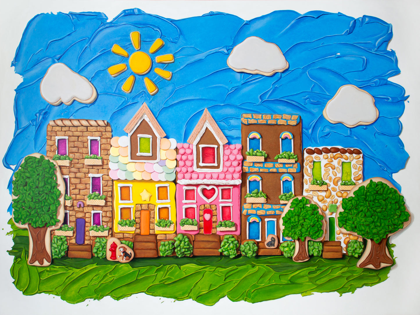 Beautiful Day in the Gingerbread Neighborhood (Original Acrylic Trompe L'Oeil Painting by Kim Testone)