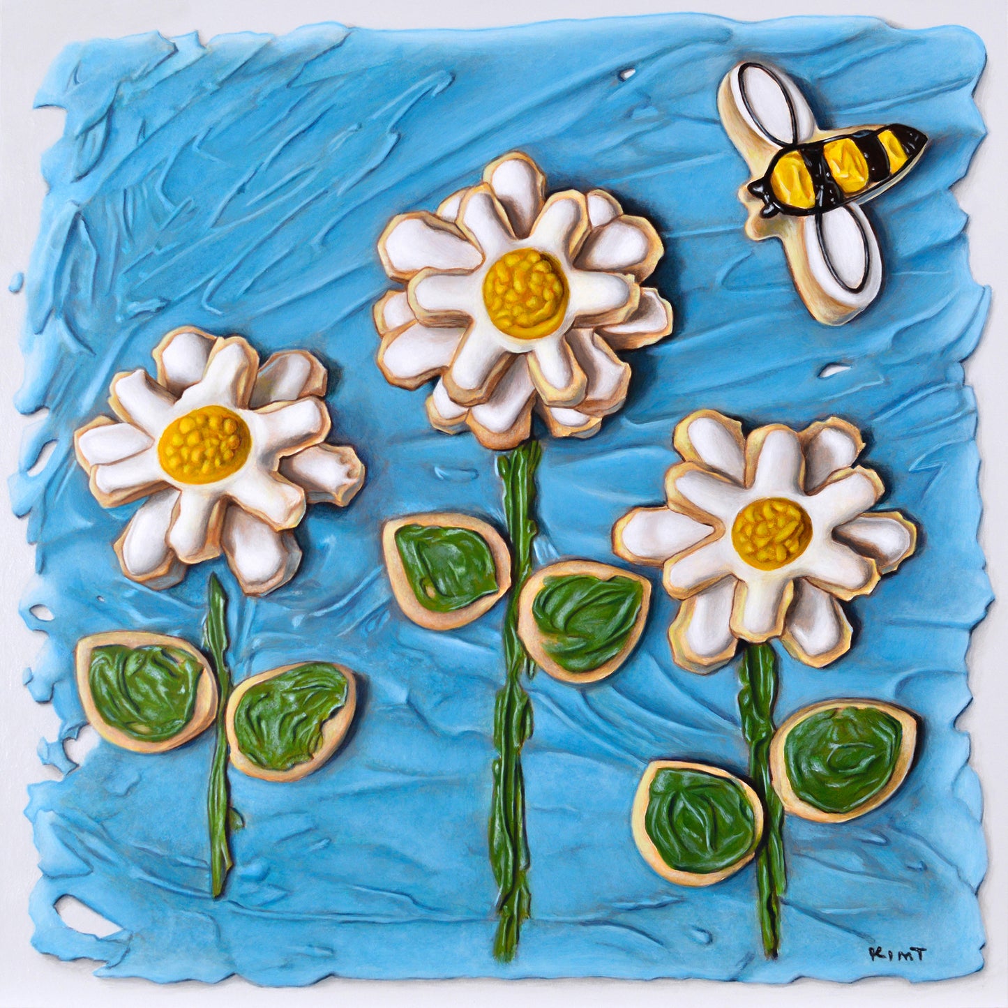 Bee Dancing with Daisies (Original Acrylic Painting by Kim Testone)