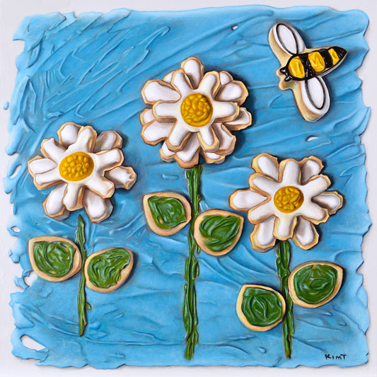 Bee Dancing with Daisies (Original Acrylic Painting by Kim Testone)