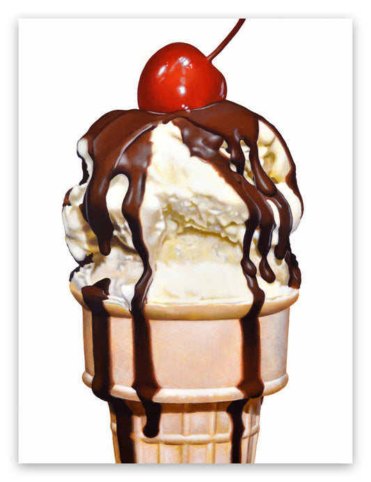 Cherry on Top Chocolate Sundae Ice Cream Cone Print by Kim Testone