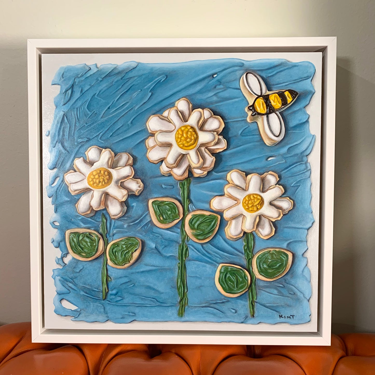 Bee Dancing with Daisies (Original Acrylic Trompe L'Oeil Painting by Kim Testone)