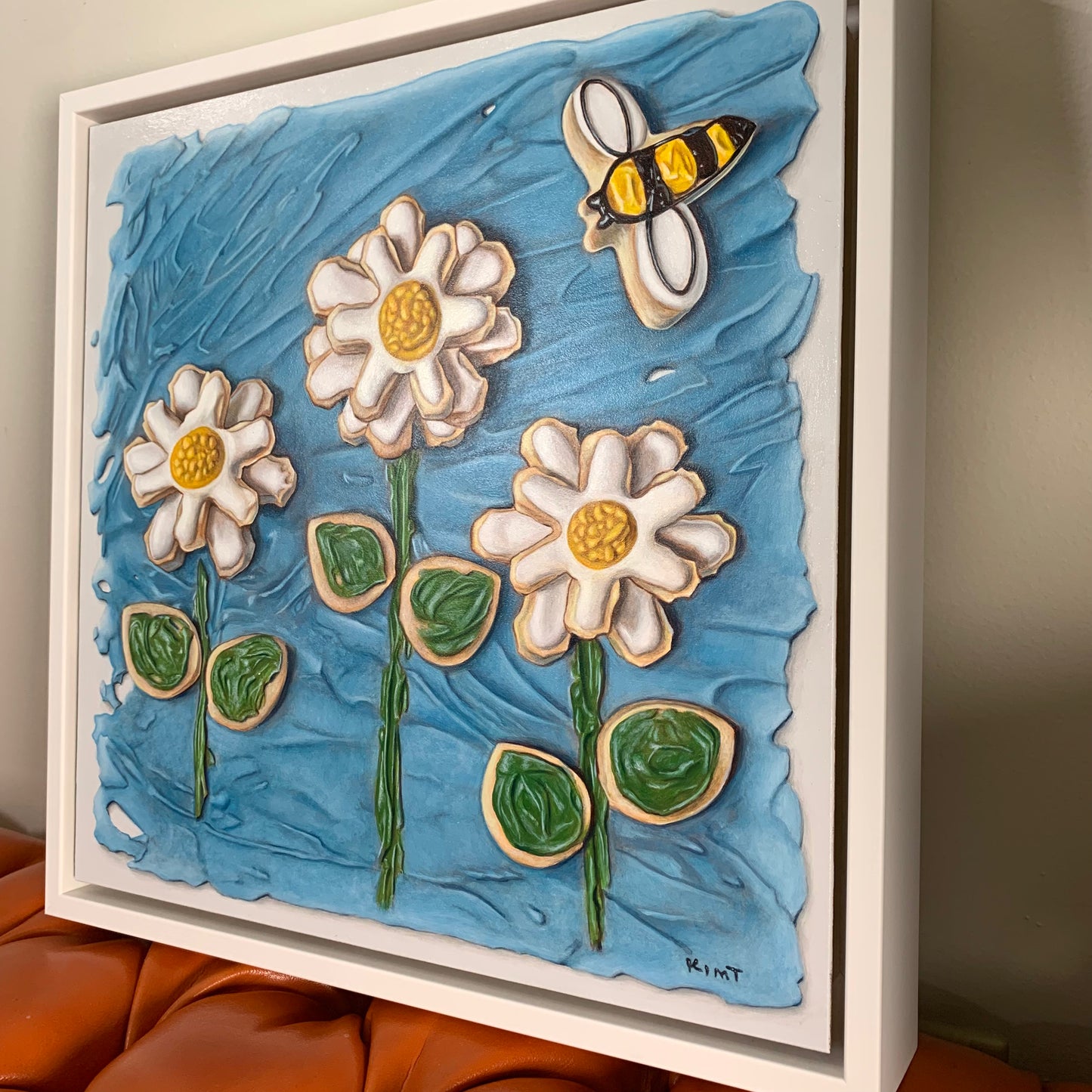 Bee Dancing with Daisies (Original Acrylic Trompe L'Oeil Painting by Kim Testone)