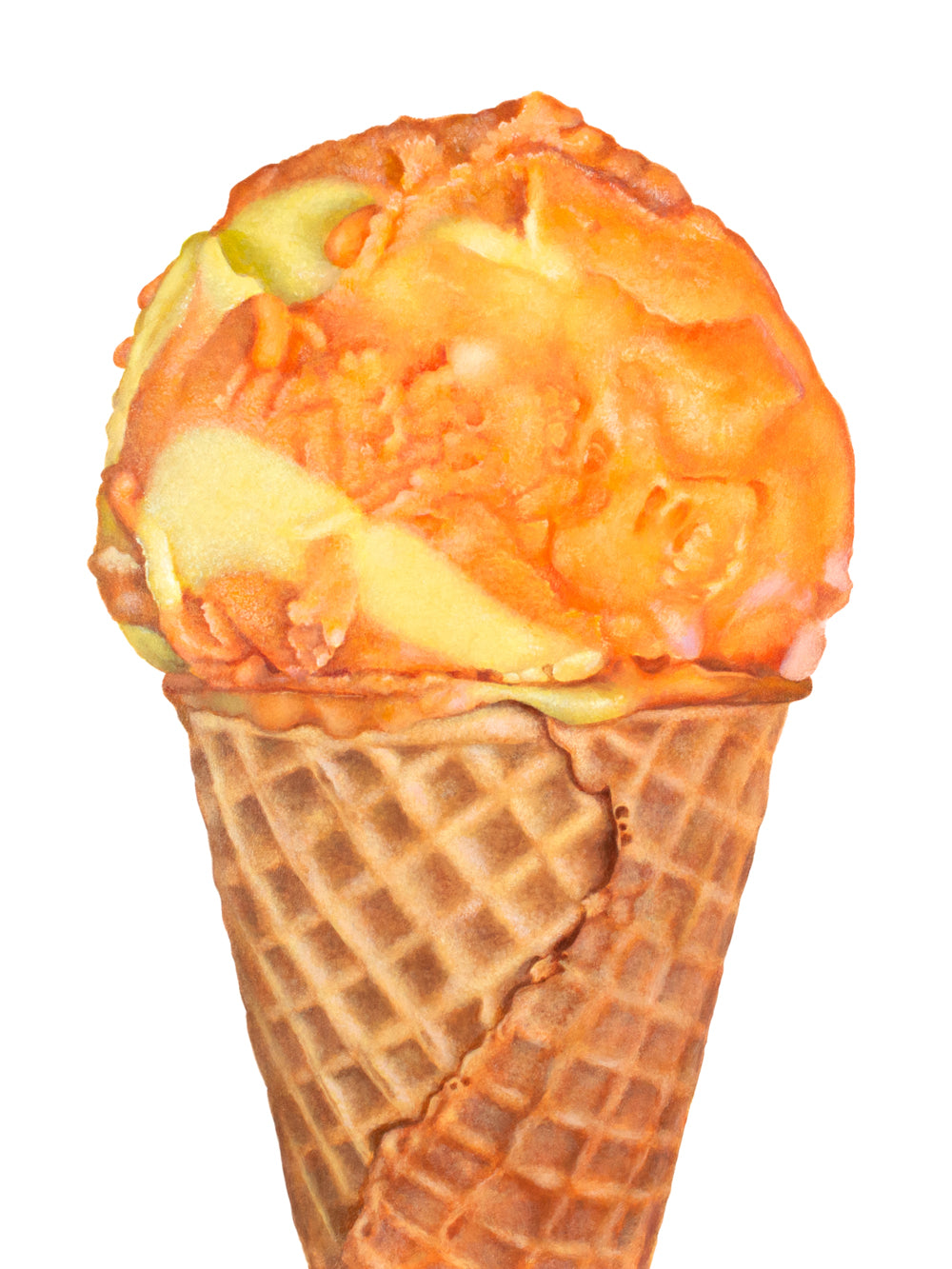 Orange and yellow sherbet ice cream cone art print by Kim Testone, featuring a scoop of orange and yellow sherbet swirled, on top of a sugar cone, set against a contemporary white background.