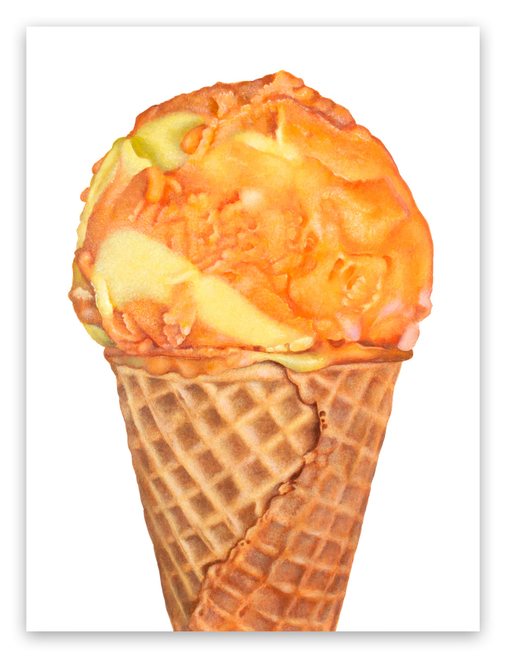 A borderless print of the Orange and Yellow Sherbet ice cream cone painting by artist Kim Testone, with edge shadow to emphasize that this is a borderless print.