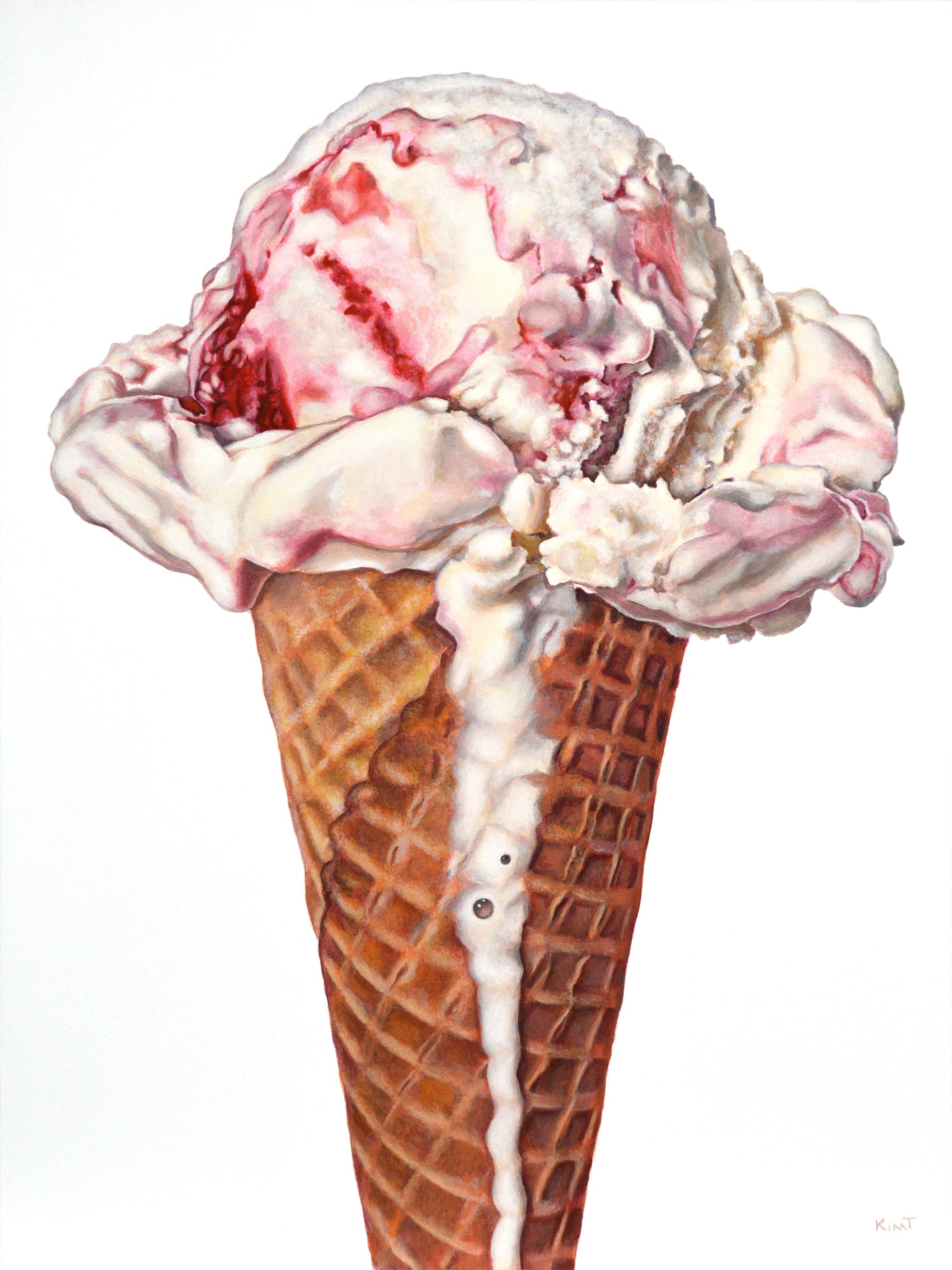 Realistic raspberry swirl ice cream cone painting by acrylic artist Kim Testone.