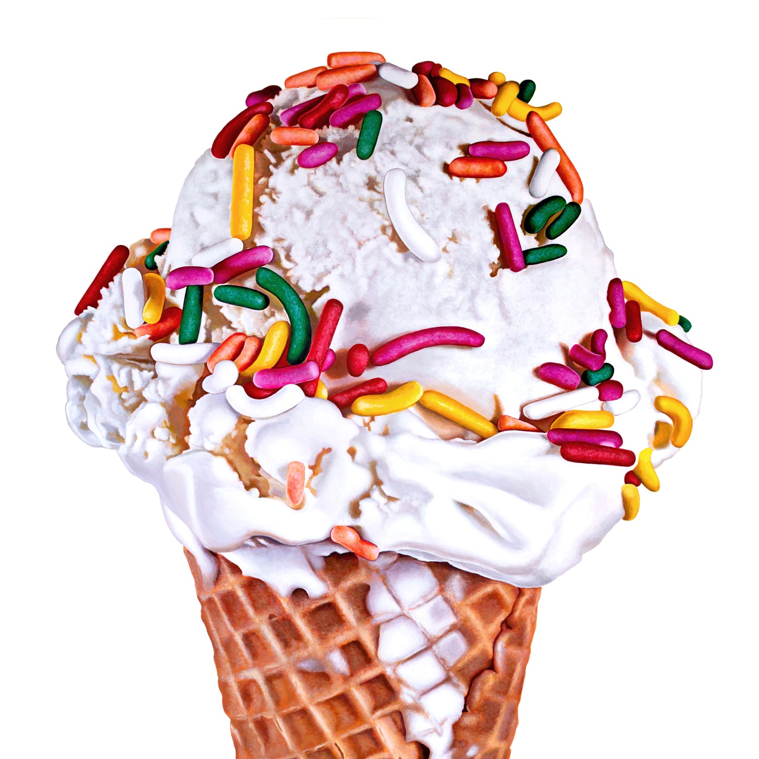 Square cropped version of the tall vanilla with rainbow sprinkles ice cream art print by Kim Testone.