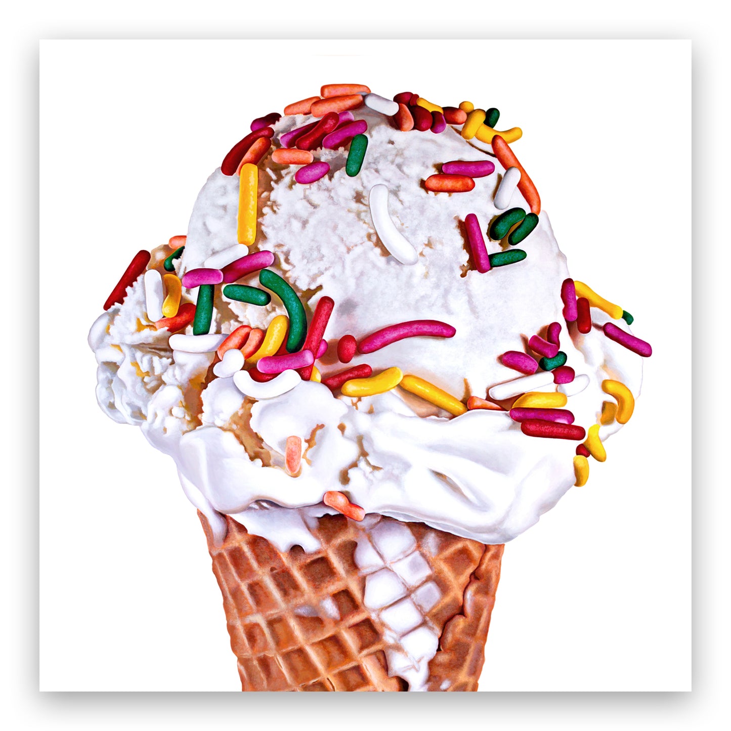 Square cropped version of the tall vanilla with rainbow sprinkles ice cream cone art print by Kim Testone with a shadow at edge to emphasize the borderless print.