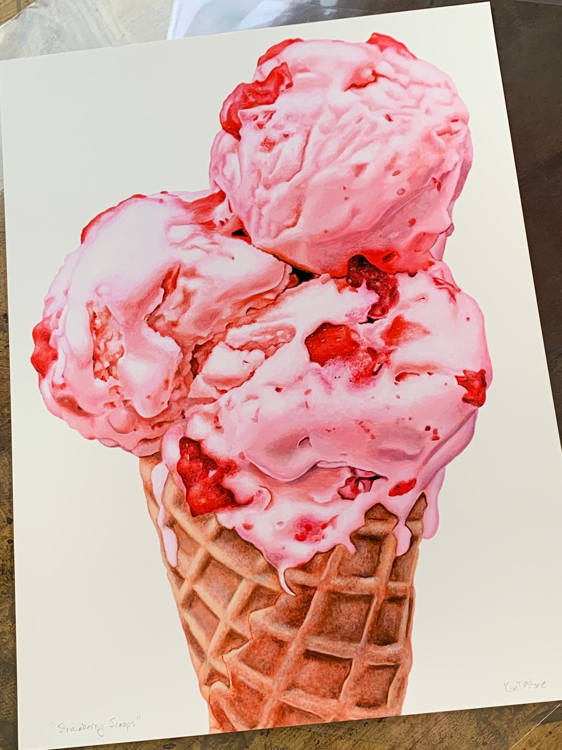 Strawberry Scoops Ice Cream Cone Art Print | Open Edition Print
