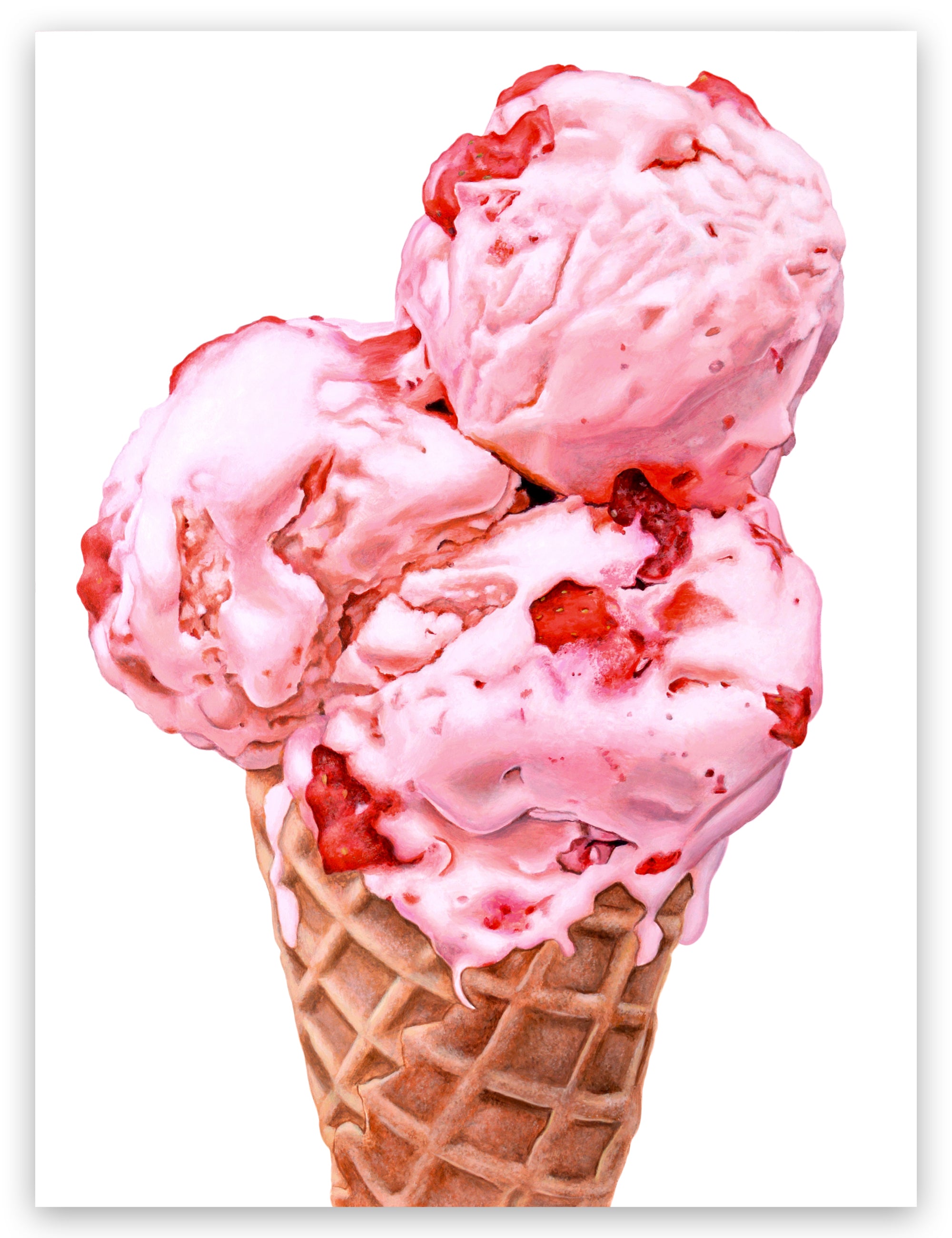 鉛筆画「Sweet strawberry ice cream」　B5大サイズ Strawberry Scoops Ice Cream Cone Art Print | Open Edition Print