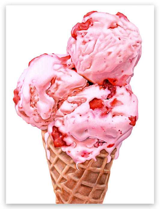 Strawberry Scoops ice cream cone fine art print by Kim Testone, showing three scoops of strawberry ice cream with pieces of strawberries in it in a waffle cone.