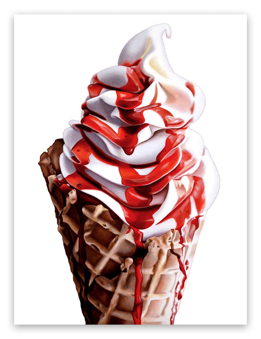 Realistic Strawberry Sauce Over Soft Serve Vanilla Ice Cream in a Waffle Cone Art Print by Kim Testone