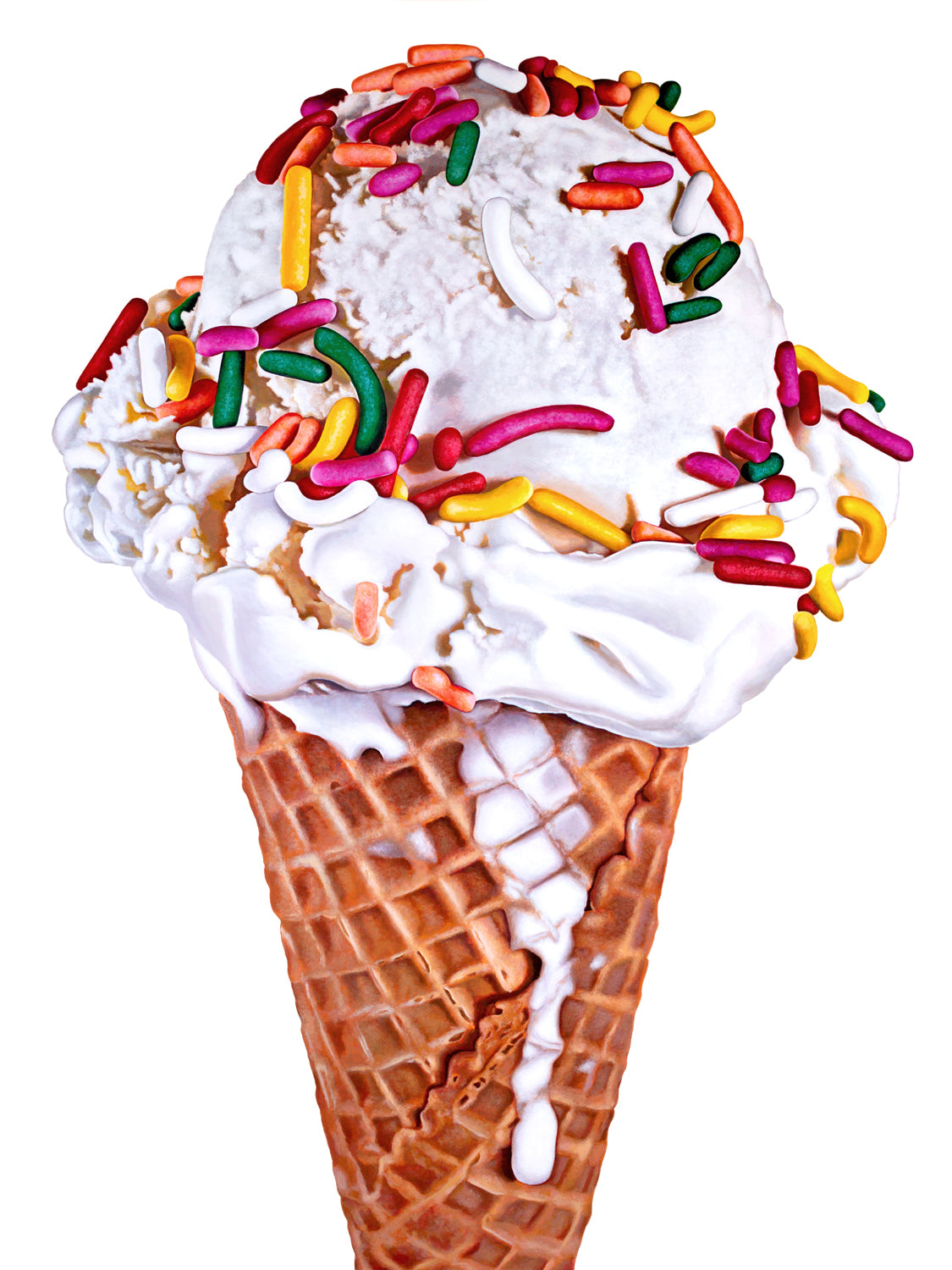 Tall vanilla with rainbow sprinkles ice cream cone art print by Kim Testone.