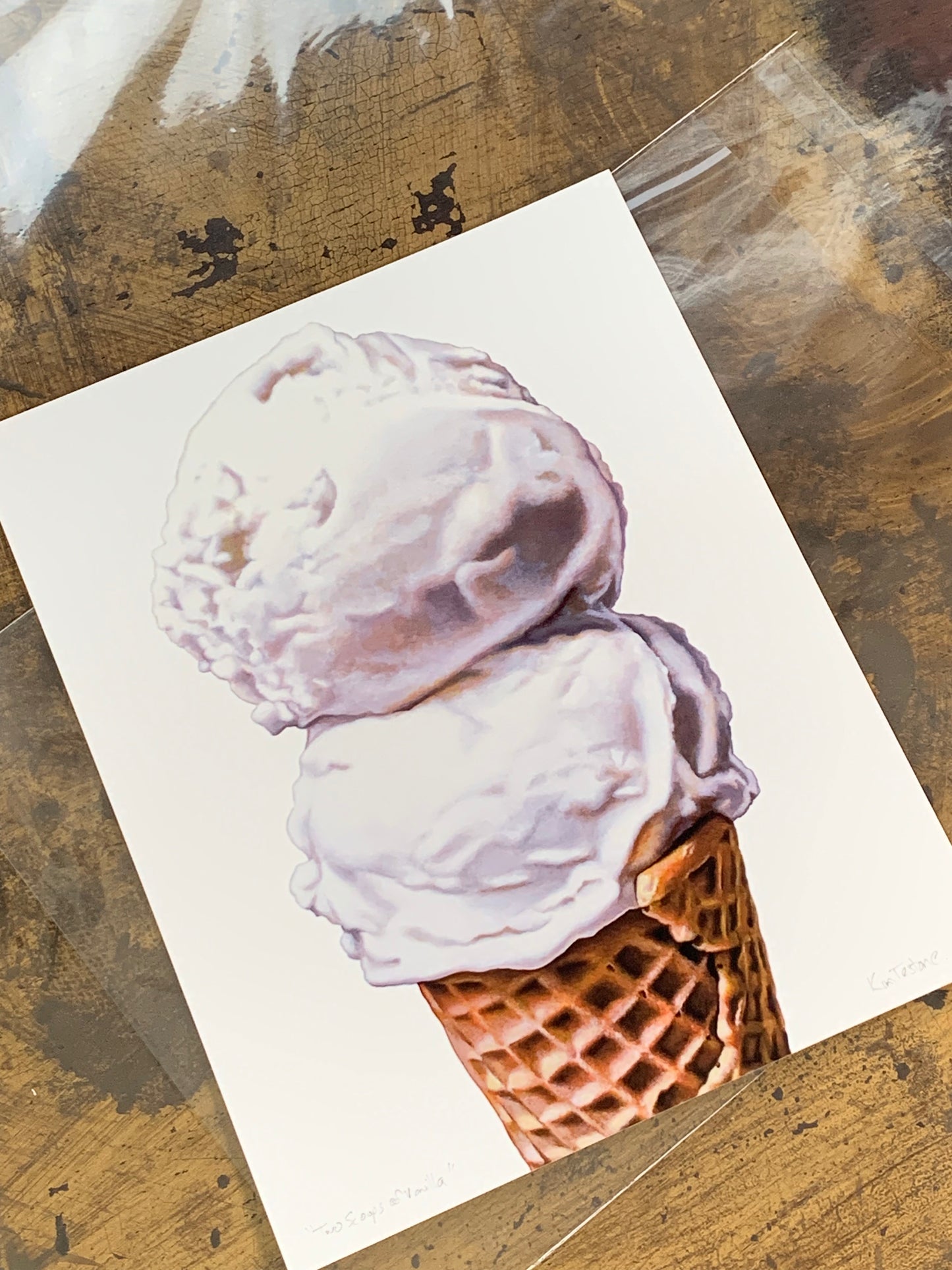 Vanilla Scoops ice cream cone art print by Kim Testone, featuring two scoops of vanilla ice cream in a cone, set against a contemporary white background.