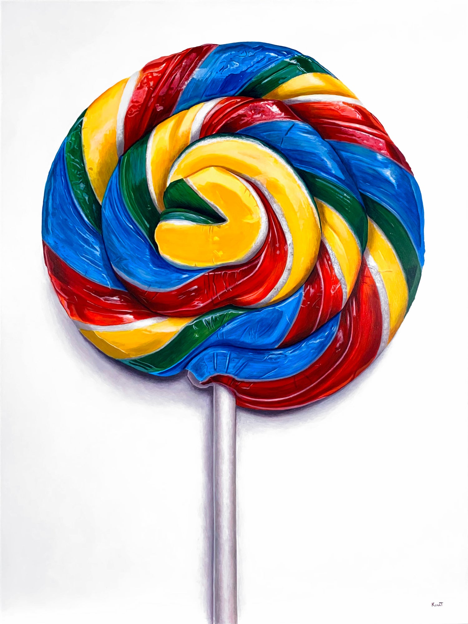 Hyperrealistic painting of an oversized Whirly Pop Lollipop by acrylic painter Kim Testone.