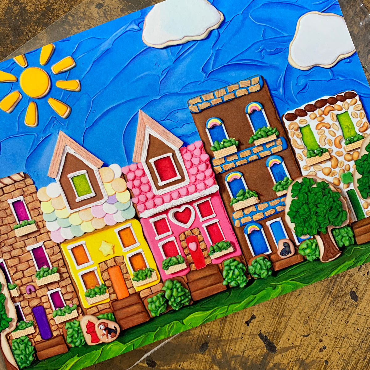Whimsical candy-themed town sculpture art print by Kim Testone Contemporary Art