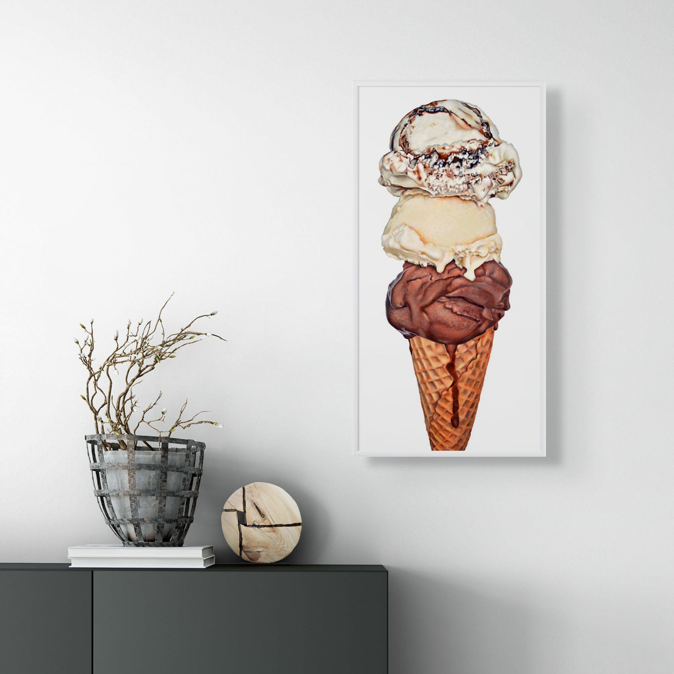 Chocolate Vanilla Fudge Ripple Triple Scoop Ice Cream Cone Art Print | Limited Edition of 50