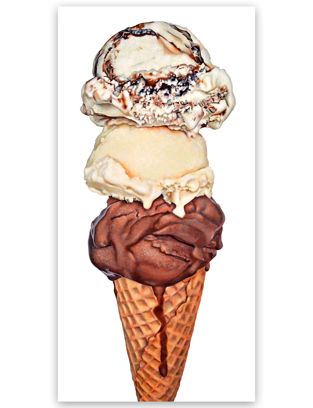 Chocolate Vanilla Fudge Ripple Triple Scoop Ice Cream Cone Art Print | Limited Edition of 50