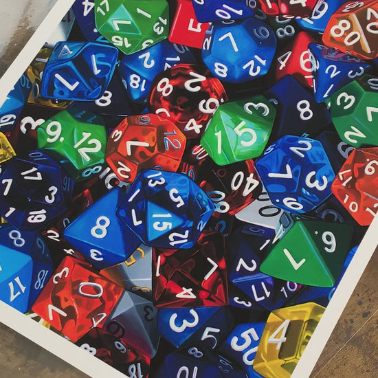 Video of the art print of Gaming Dice, an original painting by artist Kim Testone.