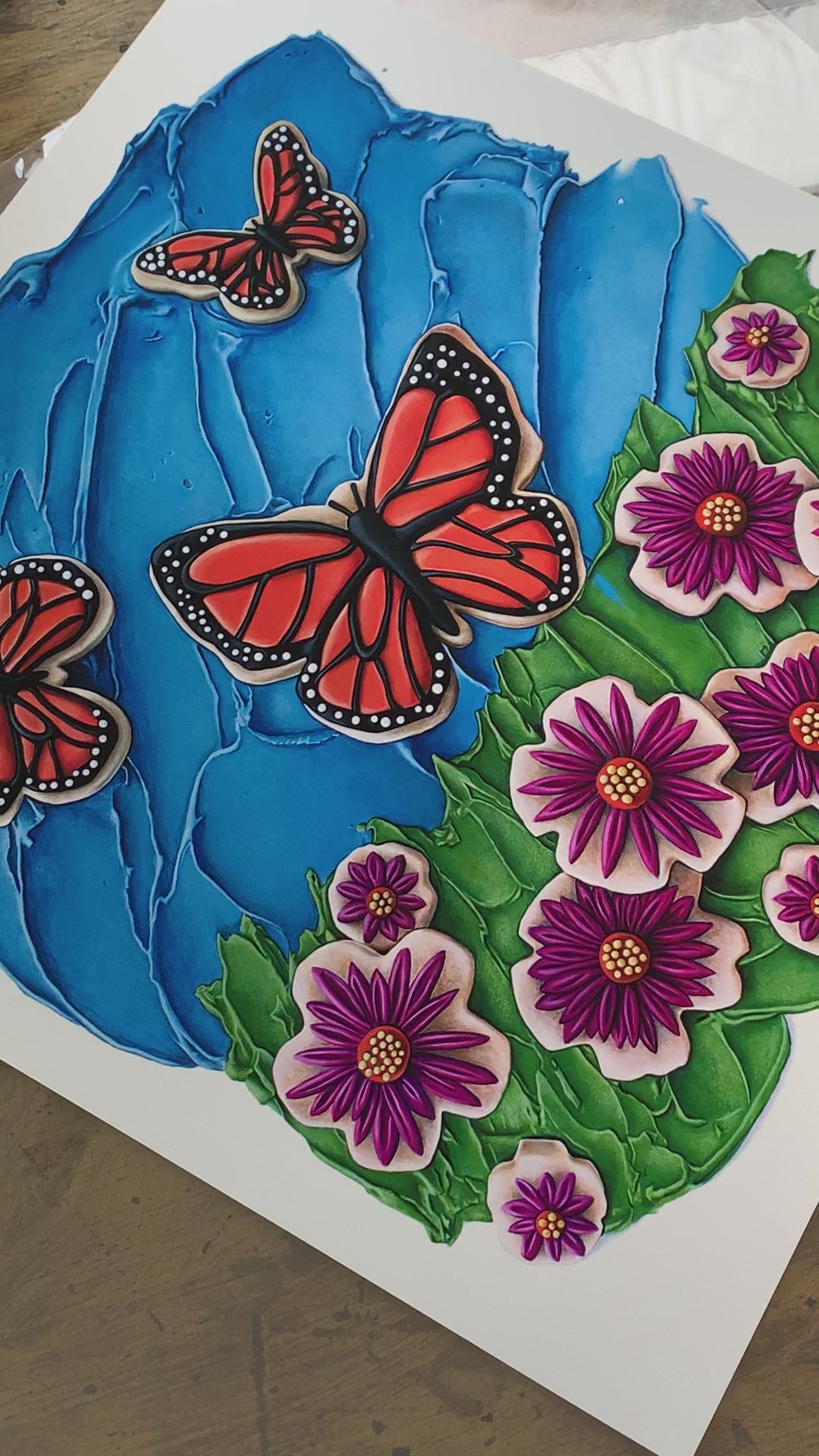 Another video angle of the art print Butterflies in the Sky, based on an original painting by artist Kim Testone.