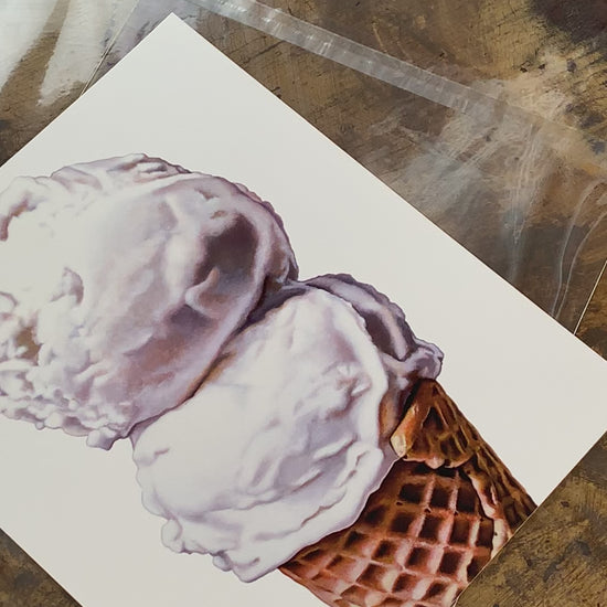 Vanilla Scoops ice cream cone art print by Kim Testone, featuring two scoops of plain vanilla ice cream in a cone, set against a contemporary white background.