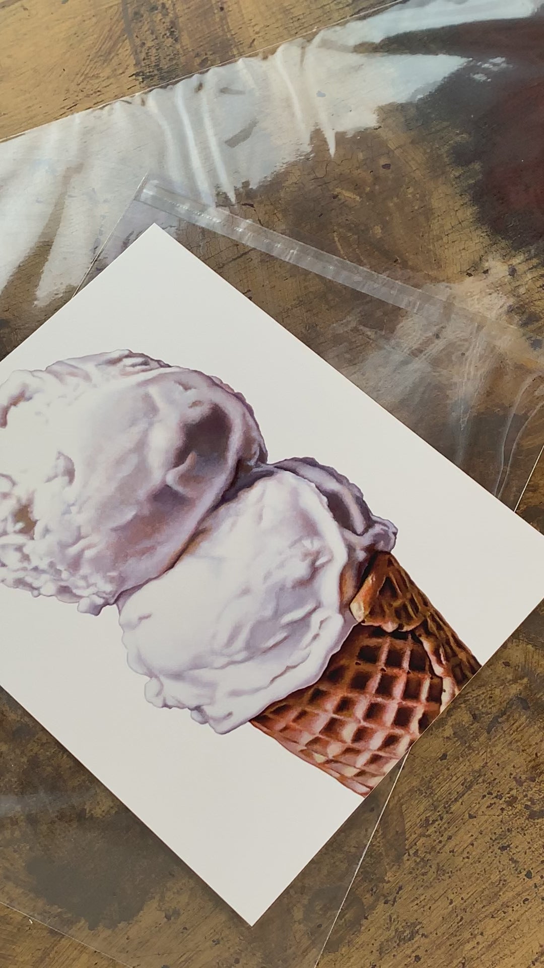 Vanilla Scoops ice cream cone art print by Kim Testone, featuring two scoops of plain vanilla ice cream in a cone, set against a contemporary white background.