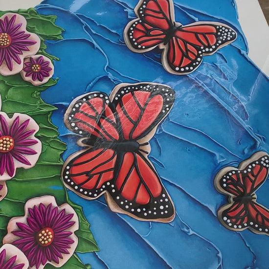 Video of a print of the Butterflies in the Sky trompe l'oeil foodscape painting by Kim Testone.