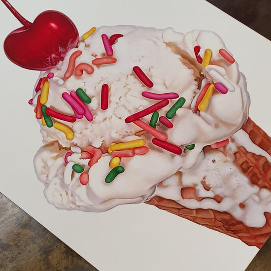 Video of the Celebration Cone ice cream cone art print by Kim Testone.
