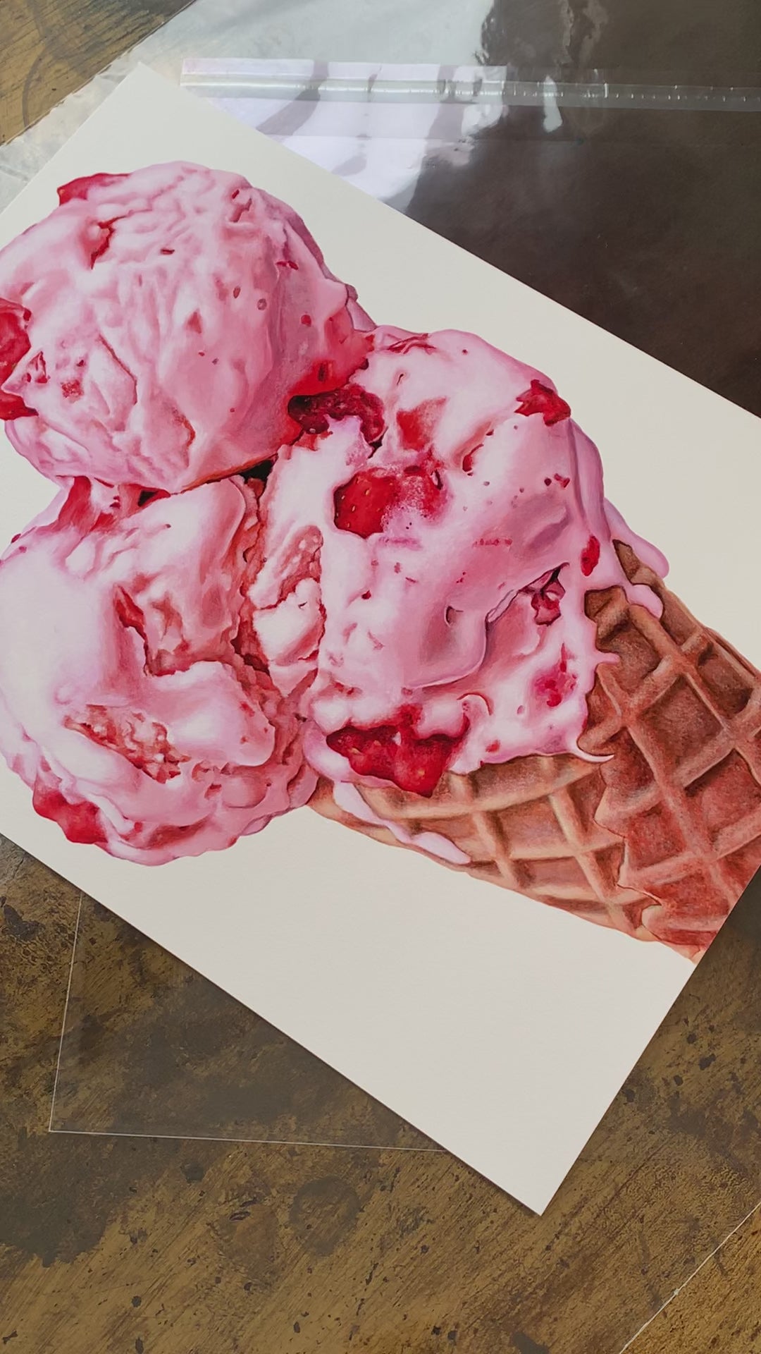 Strawberry Scoops Ice Cream Cone Art Print | Open Edition Print