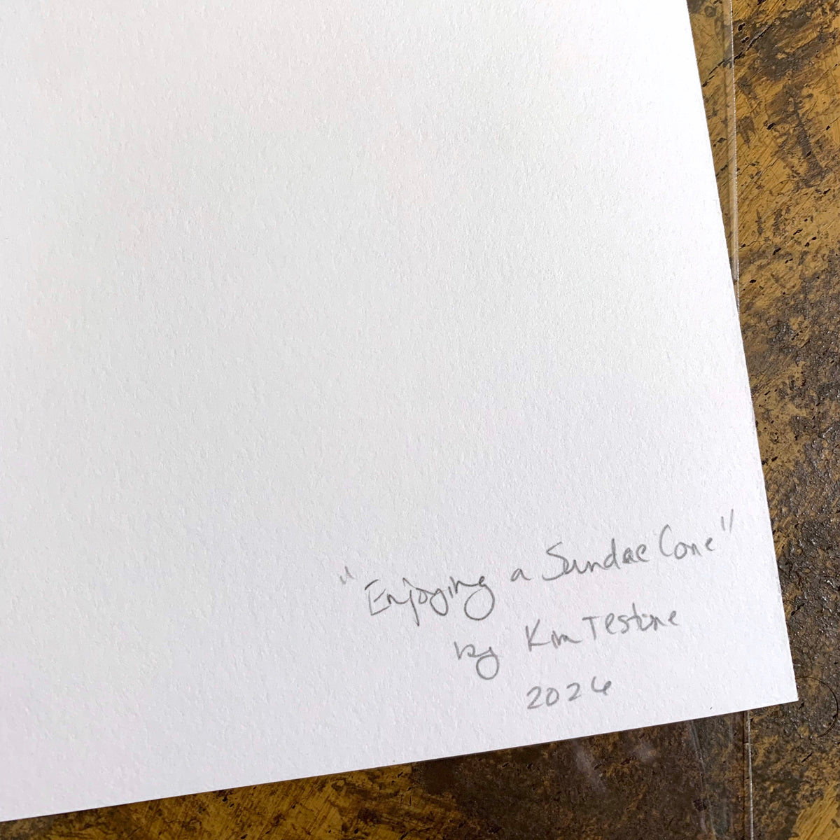 Handwritten note on a white art print by Kim Testone Contemporary Art saying Enjoying a Sundae Cone
