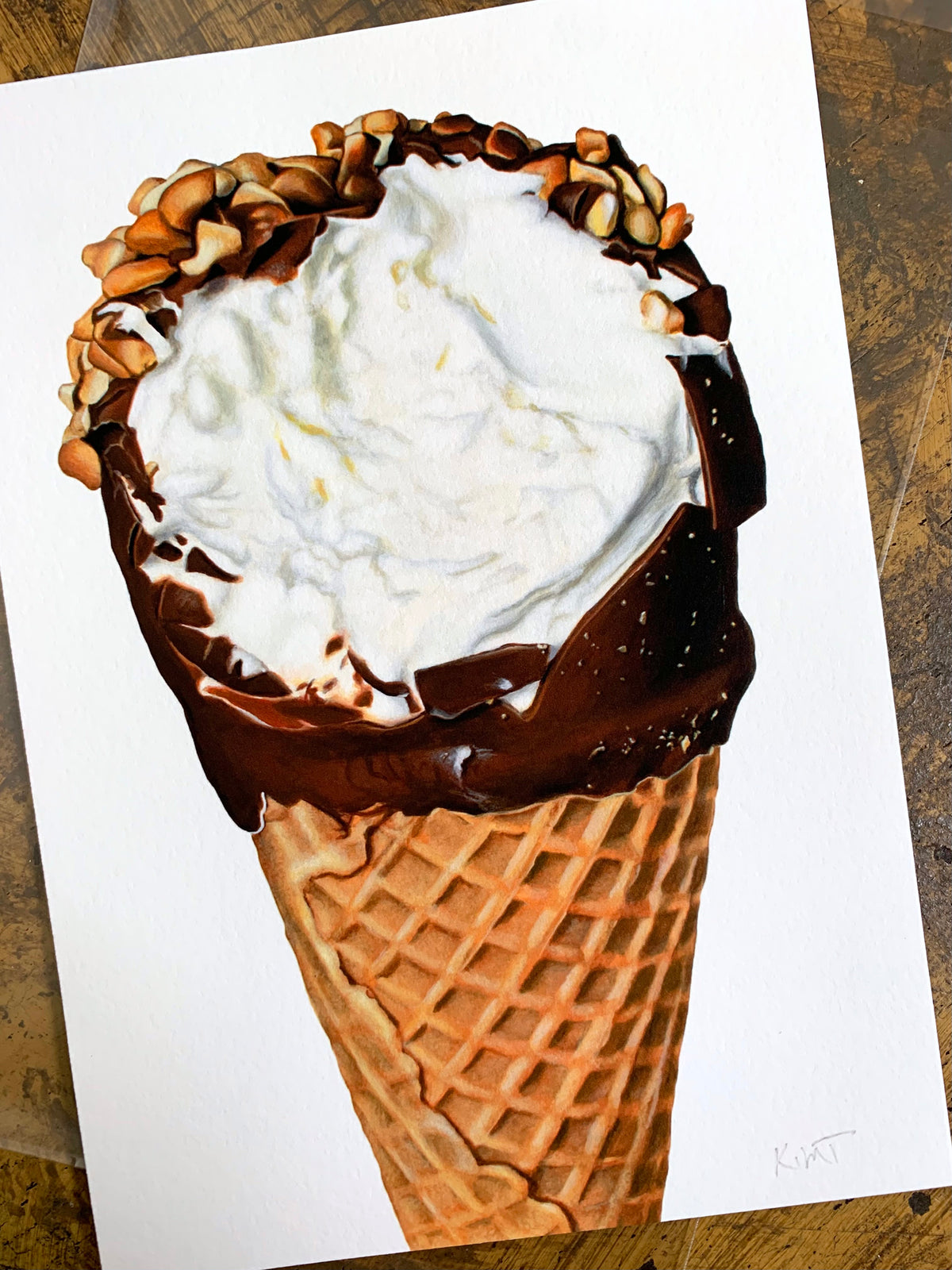 Kim Testone Contemporary Art realistic painting of a chocolate dipped ice cream cone with nuts.